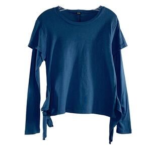 Monrow Double Layer Front Tie Popover Long Sleeve Top Dark Teal Blue Small